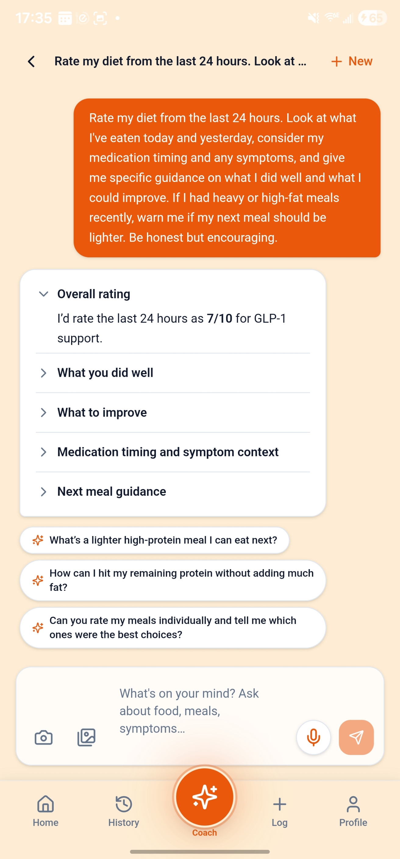 AI Chat Coach rating diet from the last 24 hours with collapsible sections
