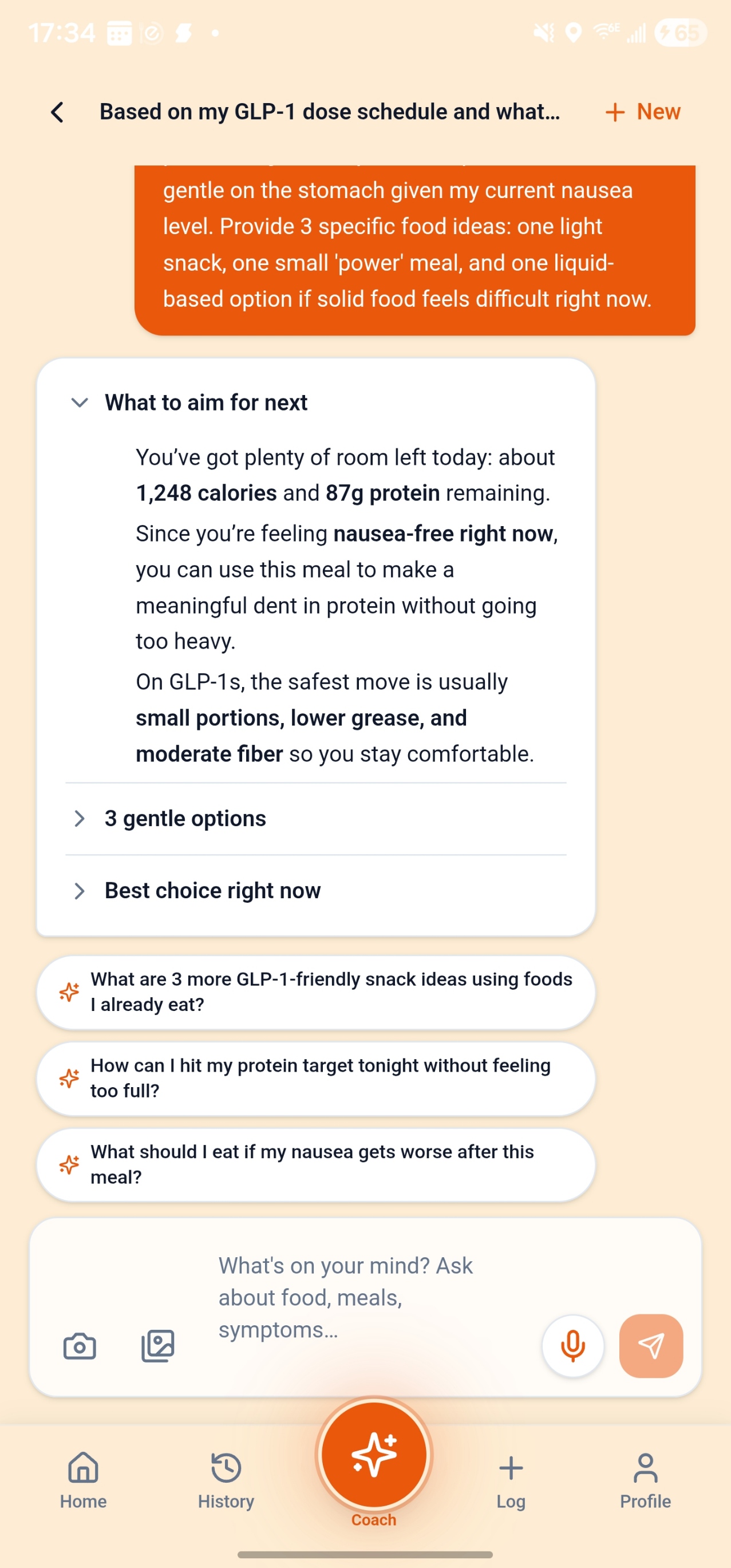 AI Chat Coach providing gentle food ideas based on GLP-1 dose schedule and nausea level