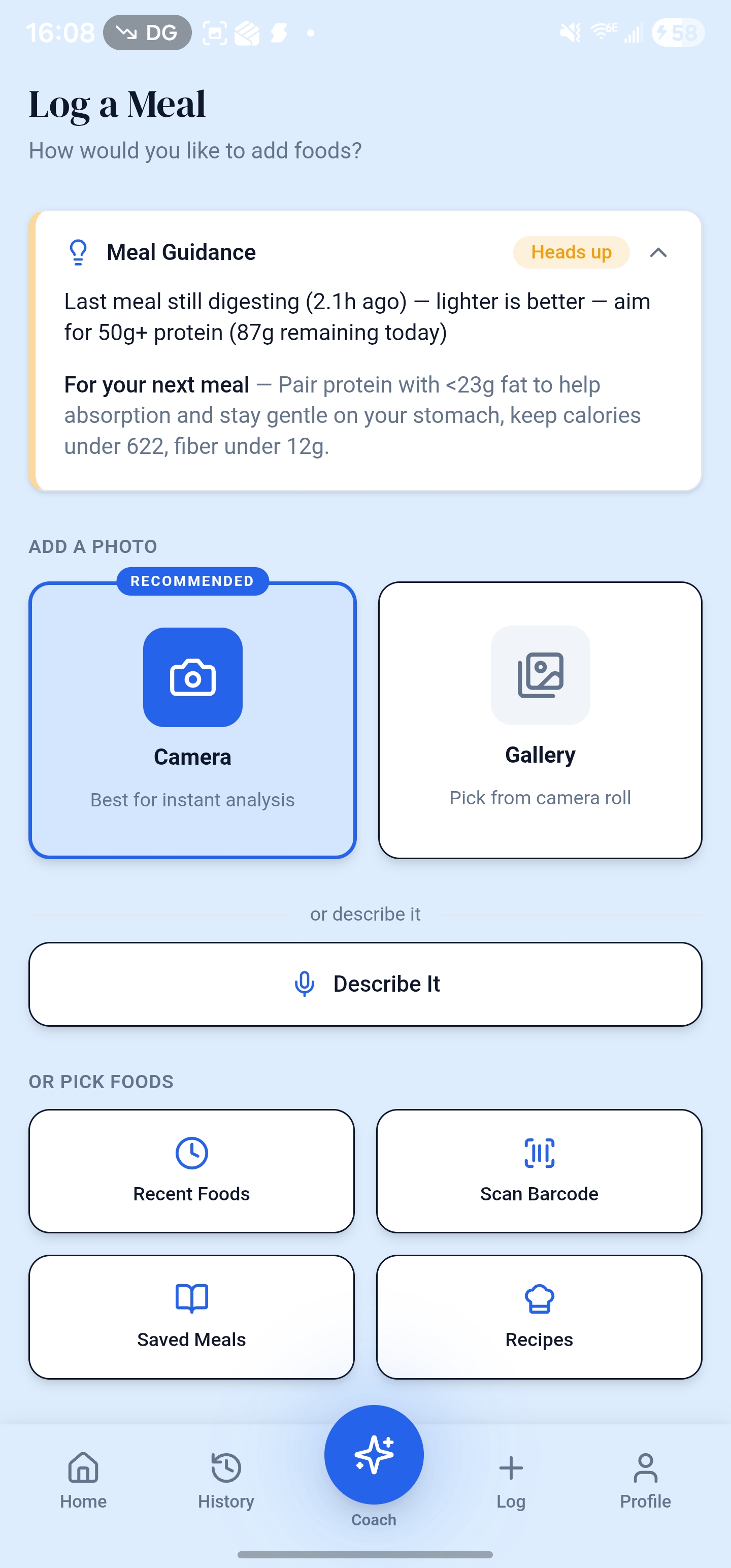 Log a Meal screen showing camera, gallery, describe, and food picker options