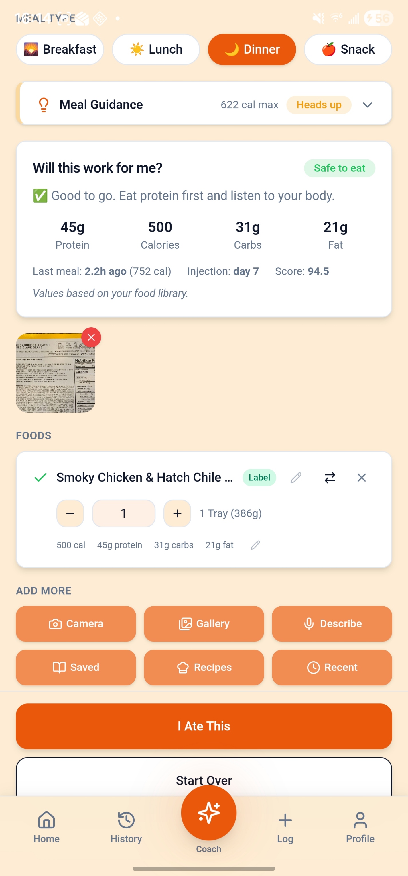 Scanned meal result showing Safe to eat score with macro breakdown