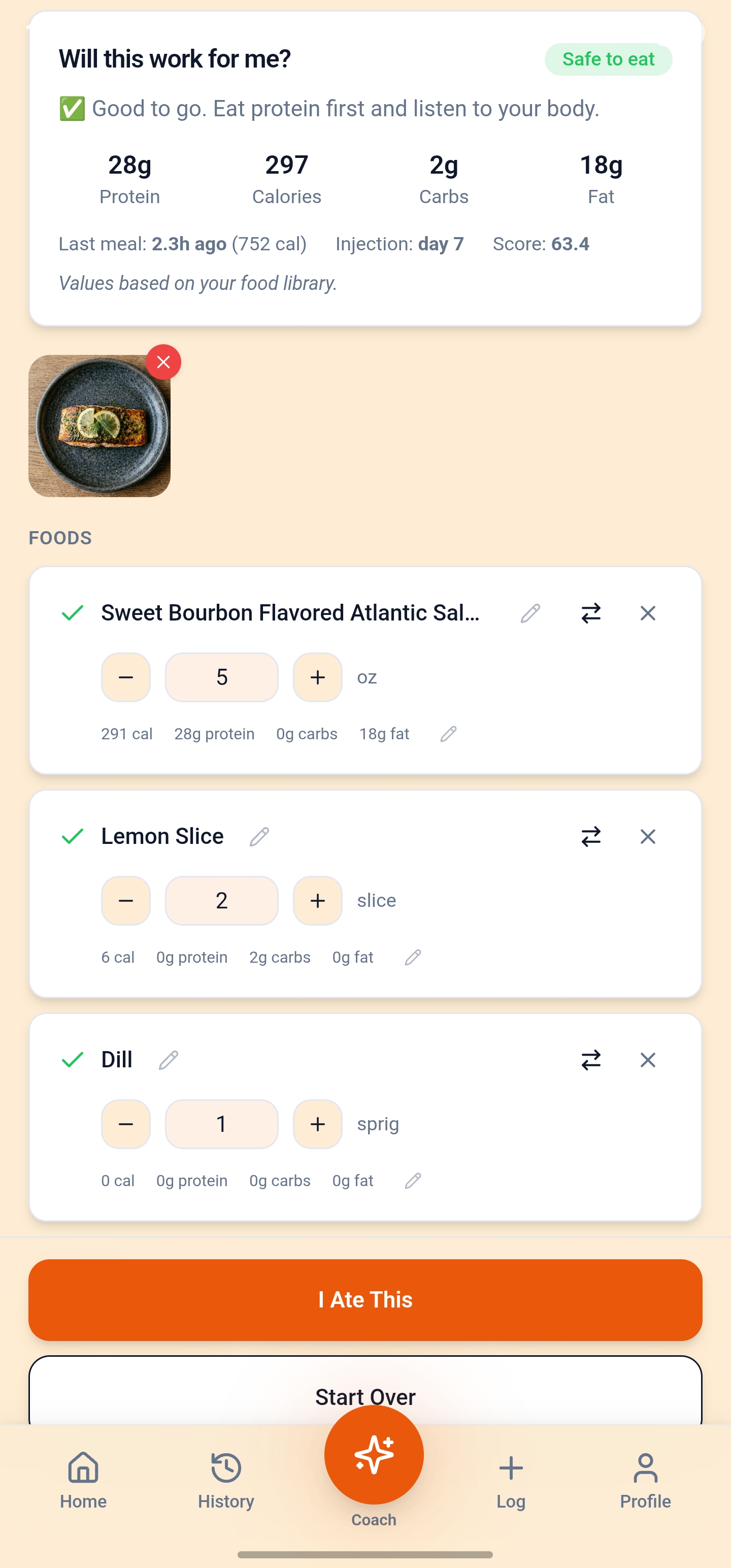 Detected foods list with salmon, lemon, and dill with nutritional details